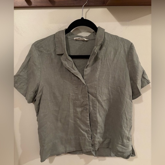 Everlane Notch Linen Green Sage Collared Button Front shirt size small - Picture 4 of 7